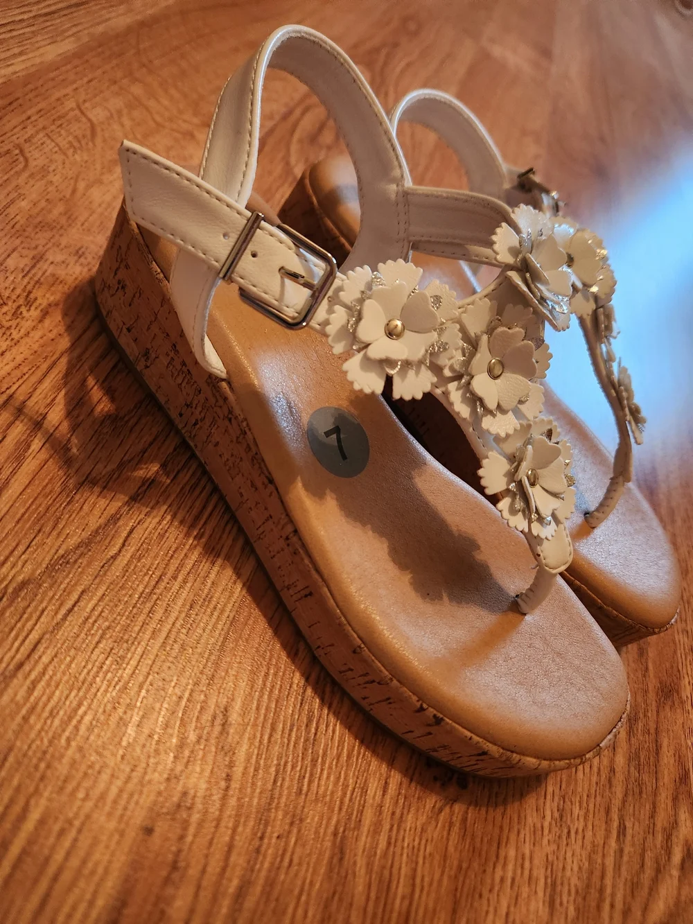 White Floral T-Strap Sandals, Cork Platform Wedge